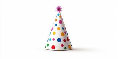 Colorful party hat with polka dots sits on a plain background for celebration and festivities photo