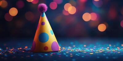 Colorful party hat resting on a table surrounded by confetti and vibrant lights during a celebration photo