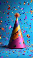 Colorful party hat surrounded by vibrant confetti on a bright blue background photo