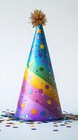 Colorful party hat with geometric patterns and confetti on white background in celebration mood photo