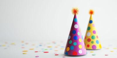 Colorful party hats with polka dots and confetti create a festive atmosphere for celebrations and gatherings photo