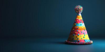 Colorful party hat with pom pom and polka dots on a blue background designed for festive celebrations photo