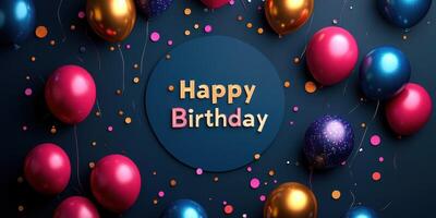 Colorful birthday celebration with balloons and confetti arranged around a greeting on a dark background photo