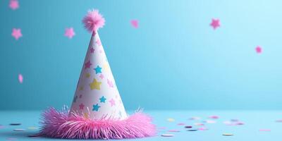 Colorful party hat decorated with stars and fringes lies on a blue surface surrounded by confetti on a festive occasion photo