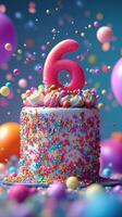 Colorful birthday cake with number six candle and vibrant decorations for a child's celebration photo