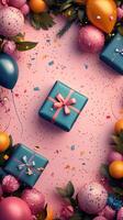 Festive gift arrangement with colorful balloons and confetti for a cheerful celebration photo