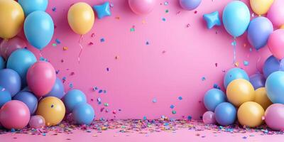 Colorful balloon display with confetti on a bright pink background for a festive celebration photo