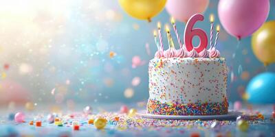 Celebration of a child's sixth birthday with a colorful cake, candles, and festive balloons in a joyful atmosphere photo