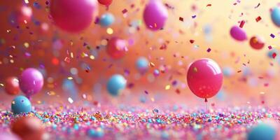 Colorful balloons and confetti create a festive atmosphere for a celebration or party event photo