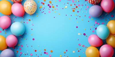 Colorful balloons and confetti create a festive atmosphere for a celebration on a bright blue background photo