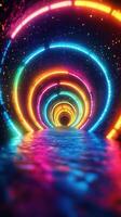 Vibrant neon tunnel illuminated with colorful lights leading into darkness photo