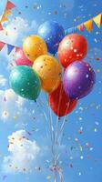 Colorful balloons float in a bright sky as confetti falls during a festive celebration photo