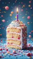 Colorful birthday cake with candle surrounded by sprinkles and confetti at a festive celebration photo