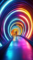 Colorful illuminated tunnel creates a vibrant pathway through swirling neon lights photo