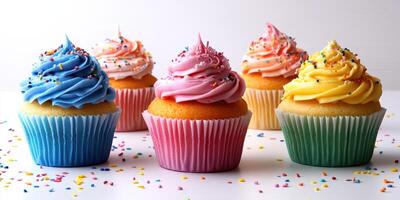 Colorful cupcakes with vibrant frosting and sprinkles arranged on a table ready for a celebration photo