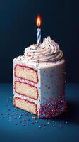 Colorful birthday cake with a candle and sprinkles on a solid background photo