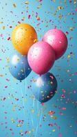 Colorful balloons and confetti creating a festive atmosphere at a celebration photo