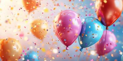 Colorful balloons float during a joyful celebration with confetti in a festive atmosphere photo