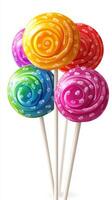 Colorful swirl lollipops arranged in a vibrant display perfect for a candy shop or party decoration photo