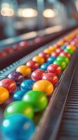 Colorful candy collection on a moving conveyor belt at a factory during production photo
