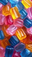 Colorful gummy candies arranged in a playful pattern on a bright background during a festive celebration photo