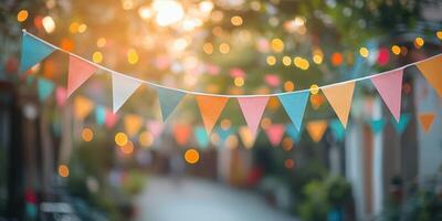 Colorful bunting sways gently in the evening breeze during a lively street festival in the heart of town photo