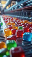 Colorful gummy candies on a conveyor belt in a candy production facility during a busy manufacturing day photo