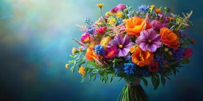Vibrant bouquet of mixed flowers showcasing bright colors and lush greenery photo
