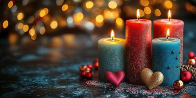 Festive candle arrangement with decorative hearts and twinkling lights during a winter celebration photo