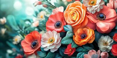 Vibrant bouquet of roses and anemones arranged beautifully in a lush green setting photo