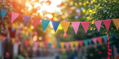 Colorful banners create a festive atmosphere in a sunlit garden during a celebration photo