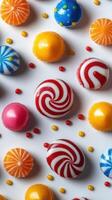 Colorful candy arrangement on a white background featuring various shapes and flavors for a festive display photo