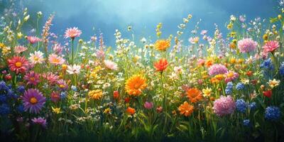 Brightly colored wildflower field under a clear blue sky during a sunny spring day photo