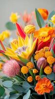 Vibrant spring bouquet featuring colorful flowers arranged with lush greenery in a bright setting photo