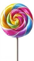 Colorful spiral lollipop with vibrant swirls showcasing a playful treat on a simple white background photo