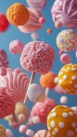 Colorful candies and sweets floating against a blue background in a whimsical arrangement photo