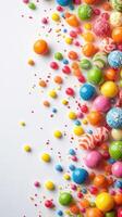 Colorful assorted candies and sprinkles scattered on a white surface creating a vibrant display of sweets photo