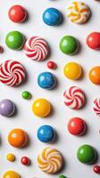 Colorful candy assortment with various shapes and patterns arranged on a white background photo