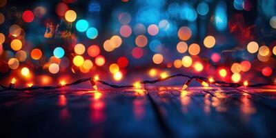 Decorative string lights illuminate a wooden surface at night creating a festive ambiance with vibrant colors photo