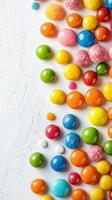 Colorful assortment of vibrant candy balls scattered on a white textured surface photo