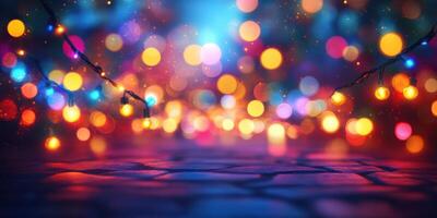 Colorful string lights illuminate a pathway creating a festive and enchanting atmosphere at night photo