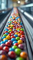 Colorful candy moves along a conveyor belt in a vibrant production facility during daytime operations photo