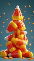Colorful candy corn pyramid stacked with scattered sweets during autumn celebration photo