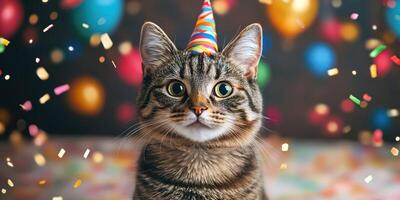 Cat celebrates birthday with colorful party hat and festive decorations in background photo