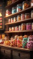 Colorful jars filled with assorted candies arranged neatly on wooden shelves in a cozy candy shop photo