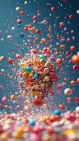 Brightly colored balls and sprinkles swirling in the air create a joyful visual display photo