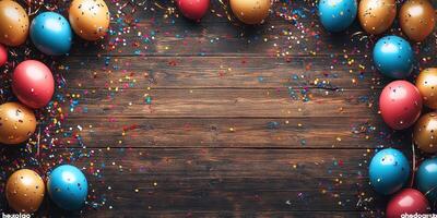 Colorful celebration with festive eggs and confetti on a wooden table for a spring holiday photo