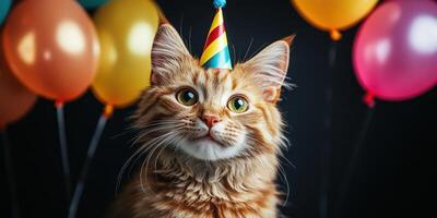 Orange cat celebrates birthday with party hat and colorful balloons in festive atmosphere photo