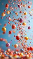 Colorful candy pieces suspended in mid-air create a vibrant and playful spectacle against a blue background photo