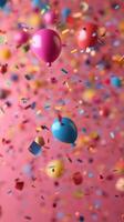 Colorful balloons and confetti create a festive atmosphere for celebrations and events photo